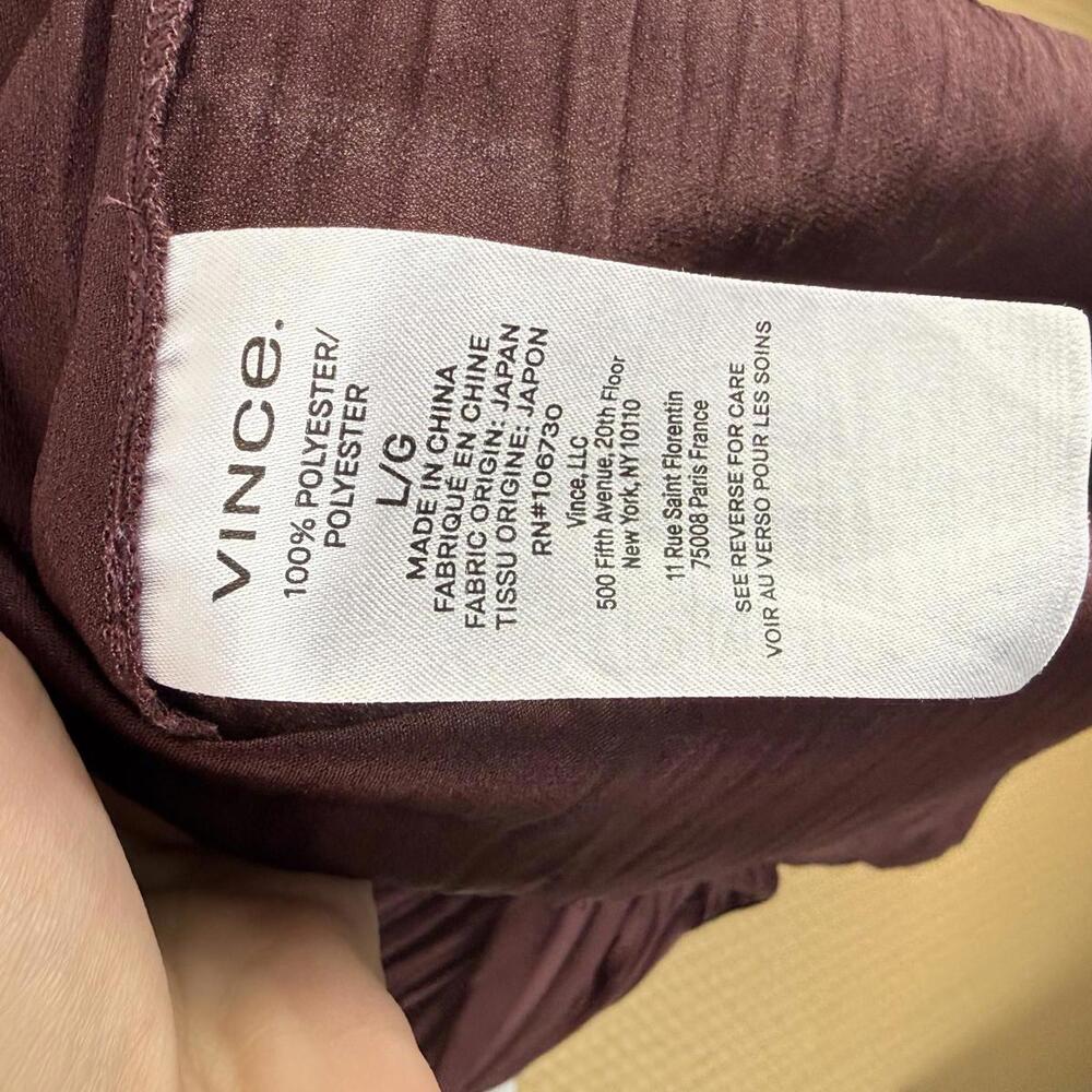 Vince Pleated V-Neck Satin Burgundy Knee Length Dress - Size - Large - Picture 3 of 7